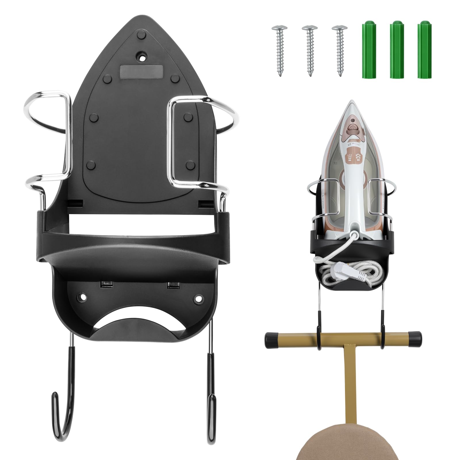 Alpinista ironing board hanger front view shows sturdy wall mount for space saving.