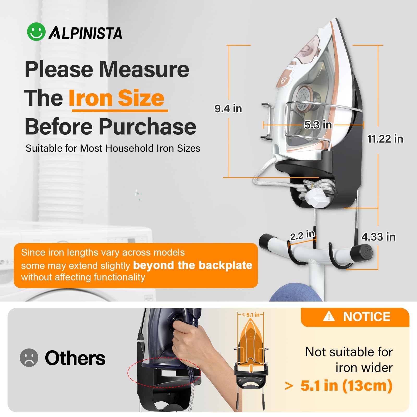 Alpinista ironing board hanger installation parts view shows easy setup.