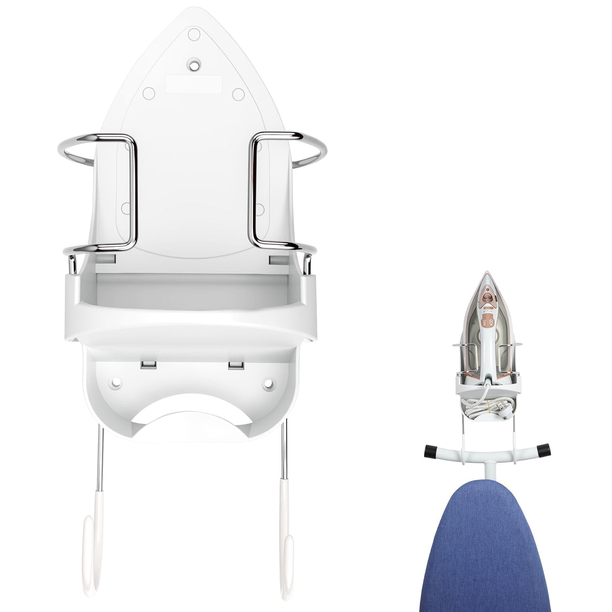 Alpinista ironing board hanger wall-mount full view, space-saving laundry storage.