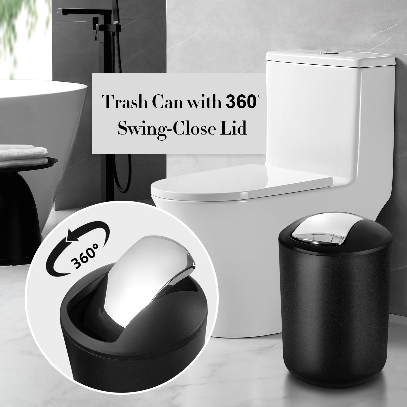 ALPIRIRAL trash can with 360-degree lid for hands-free disposal.