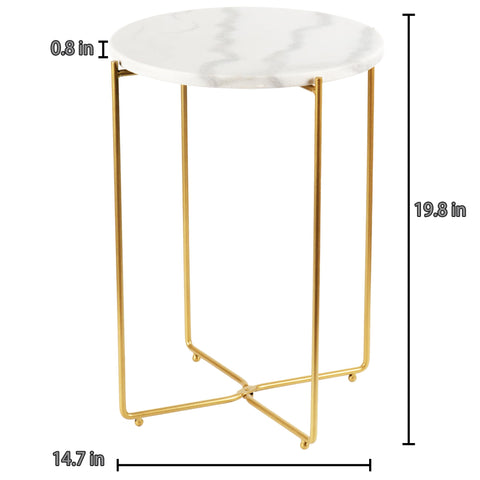 ALPOME round end table beside a sofa in a living space.