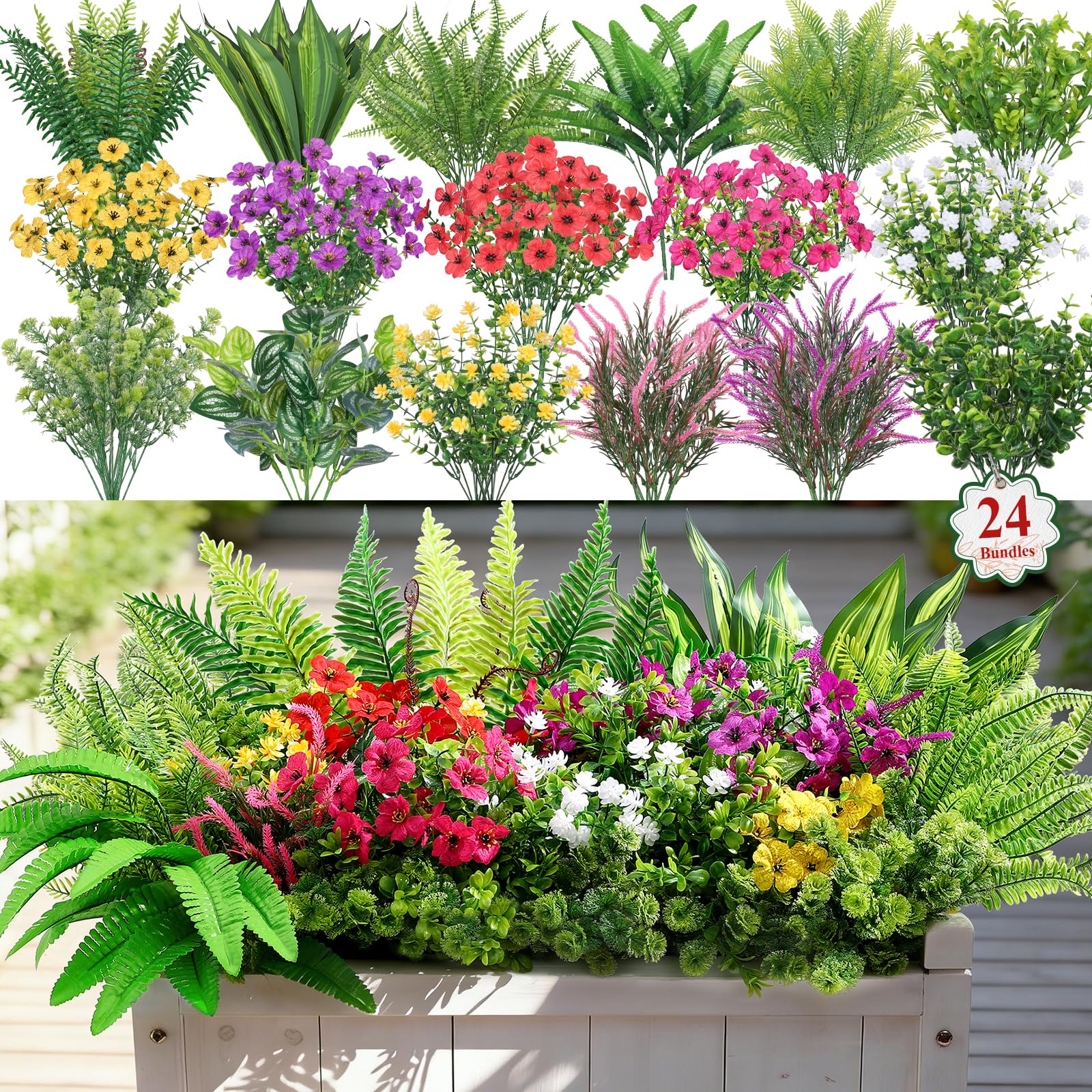 Alupssuc 24pcs artificial plants set with UV resistance for outdoor longevity.