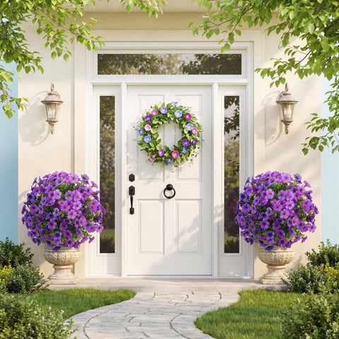 Alupssuc outdoor porch display with purple topiary blooms.