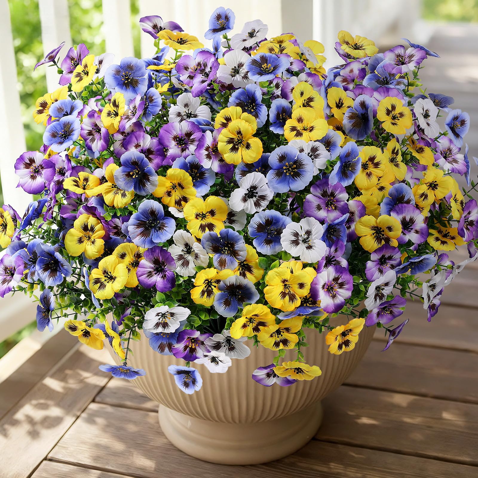Alupssuc 24-bundle pansies outdoors on a porch for a lush display
