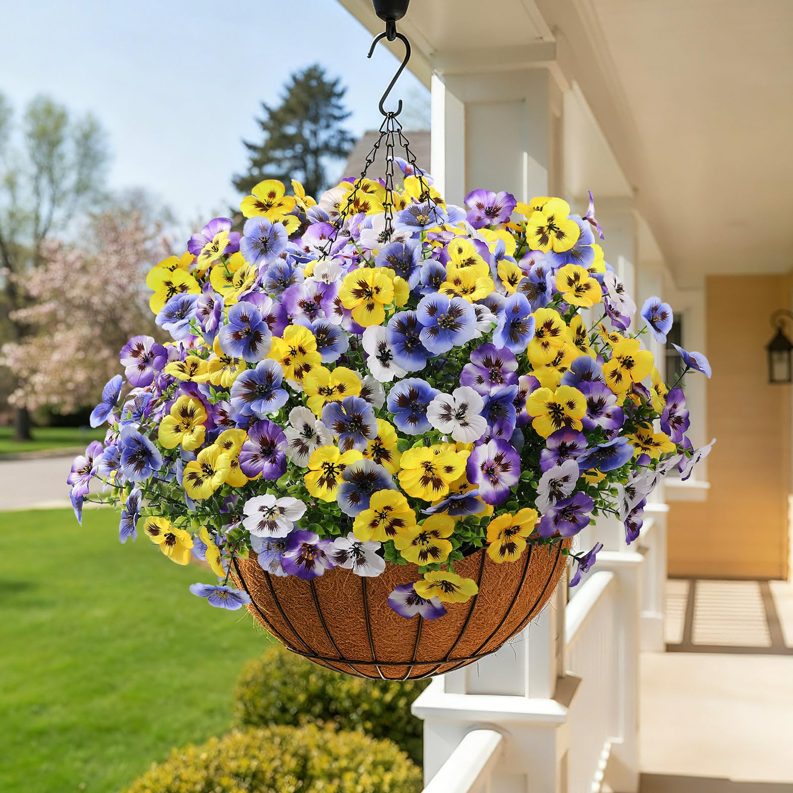 Alupssuc pansies on railing for decorative privacy and color