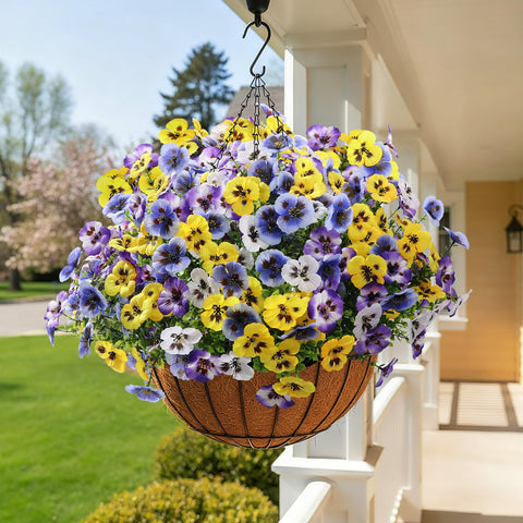 Alupssuc pansies on railing for decorative privacy and color