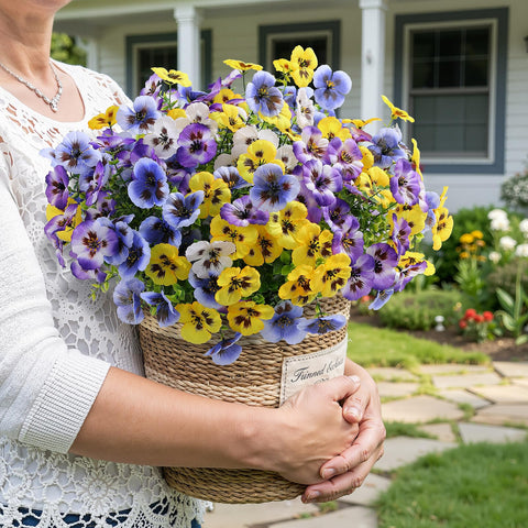 Alupssuc yellow pansies brighten an entryway