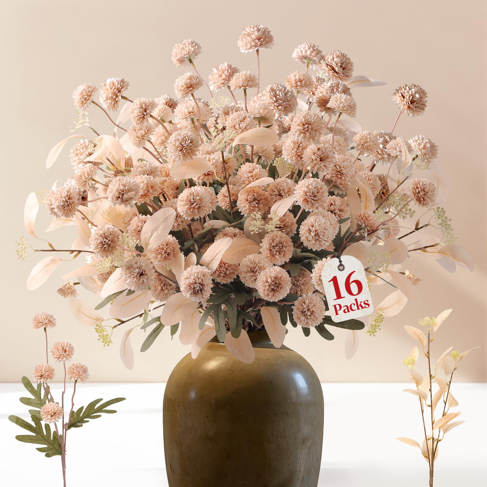 Alupssuc silk pompon mums 52cm beige stems for elegant table decor.