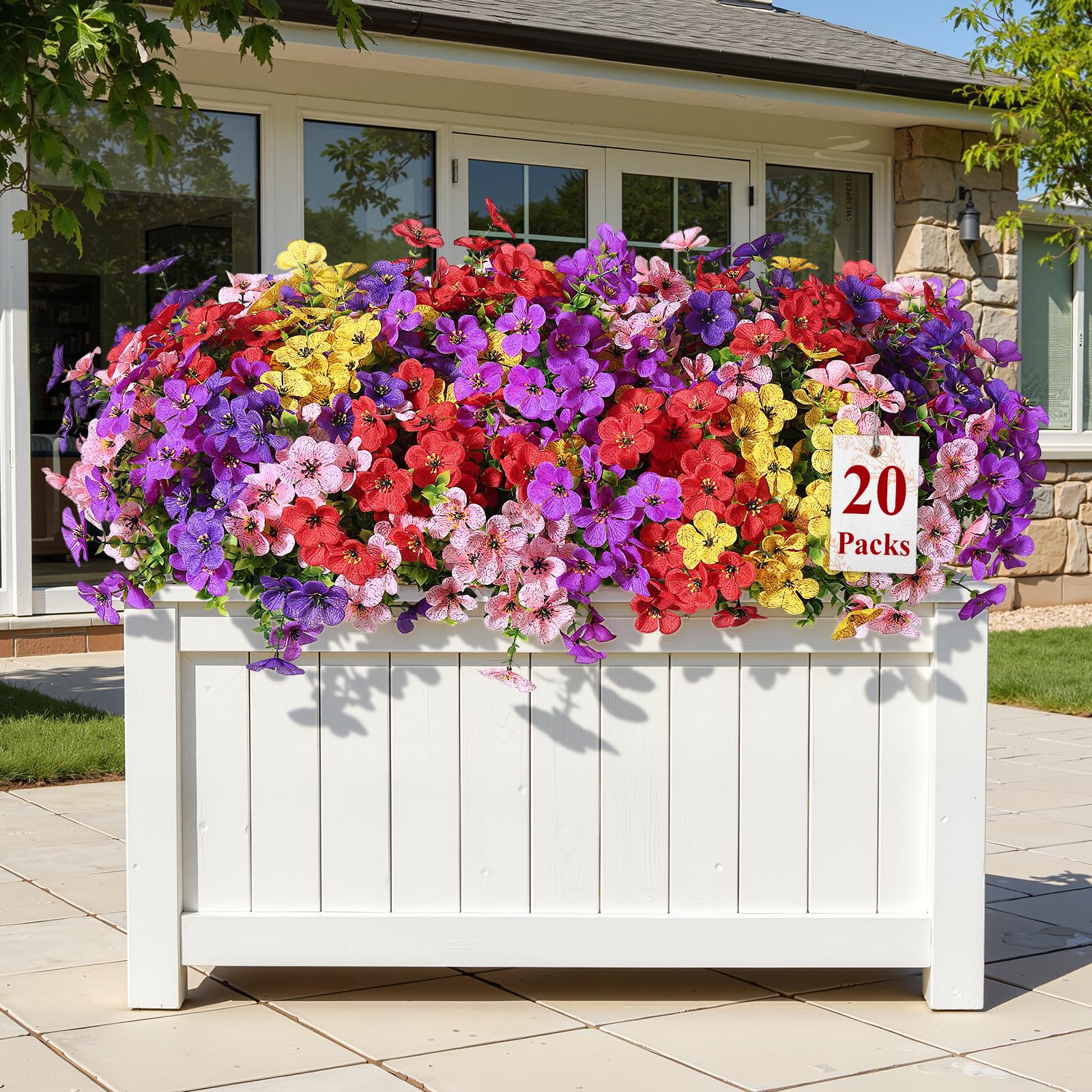 Alupssuc UV-resistant artificial flowers maintain color year-round in sun and rain.