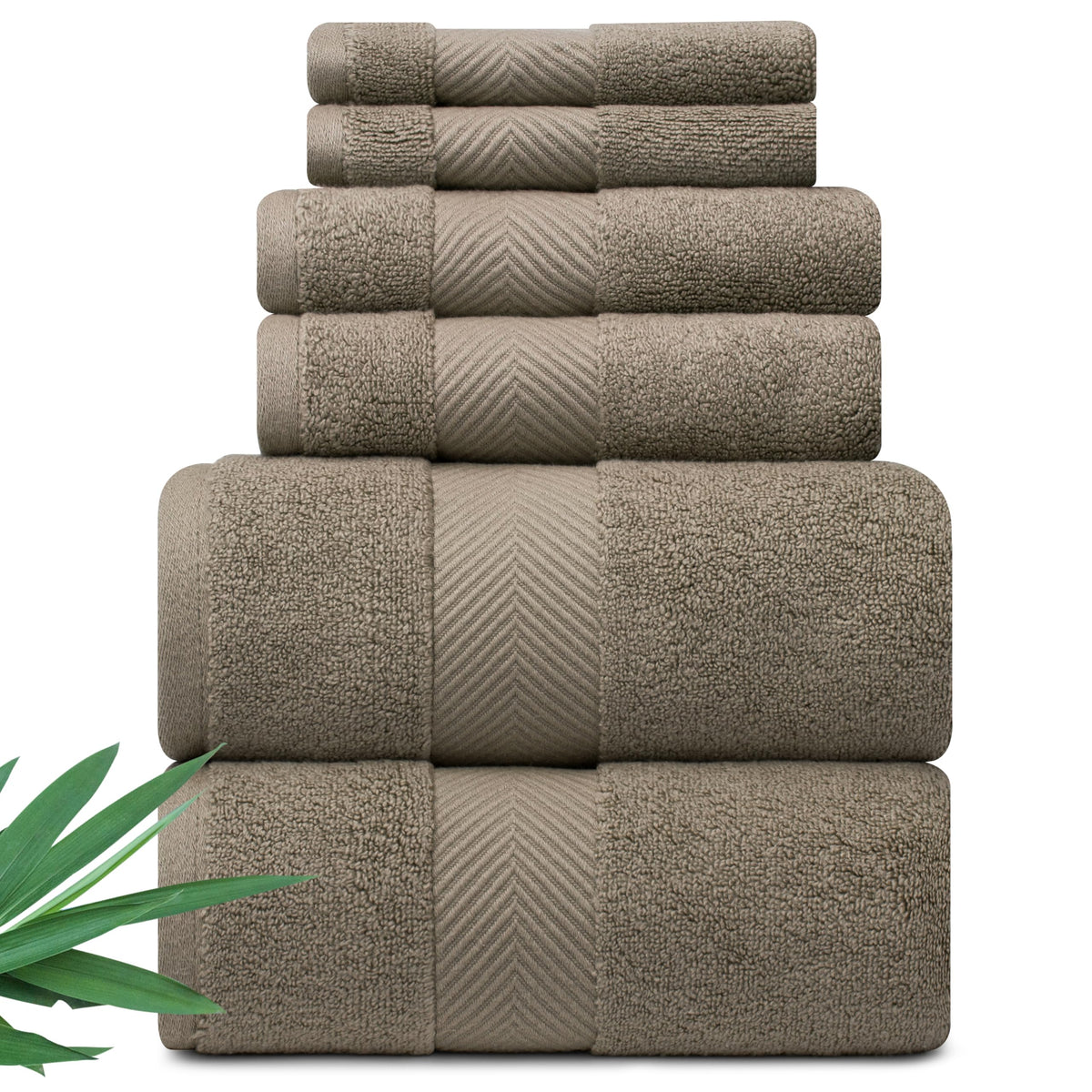 Alusa Home taupe six-piece bath towel set for spa-like luxury and coordinated styling.