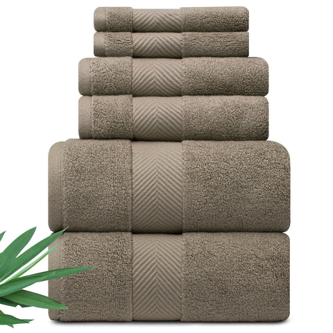 Alusa Home taupe six-piece bath towel set for spa-like luxury and coordinated styling.