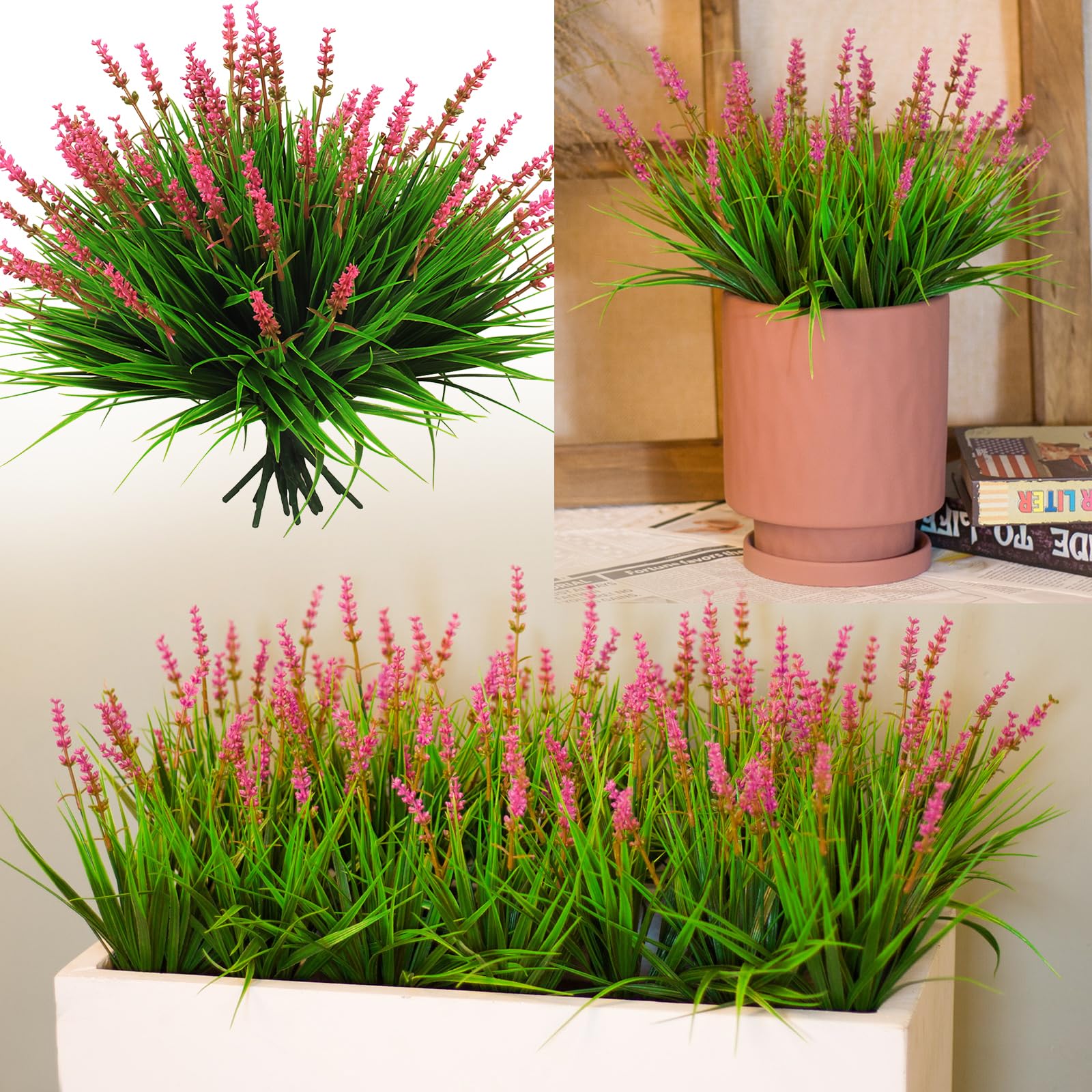 Alyptus 12 bundles of artificial monkey grass with pink flowers for outdoor pots; year-round color