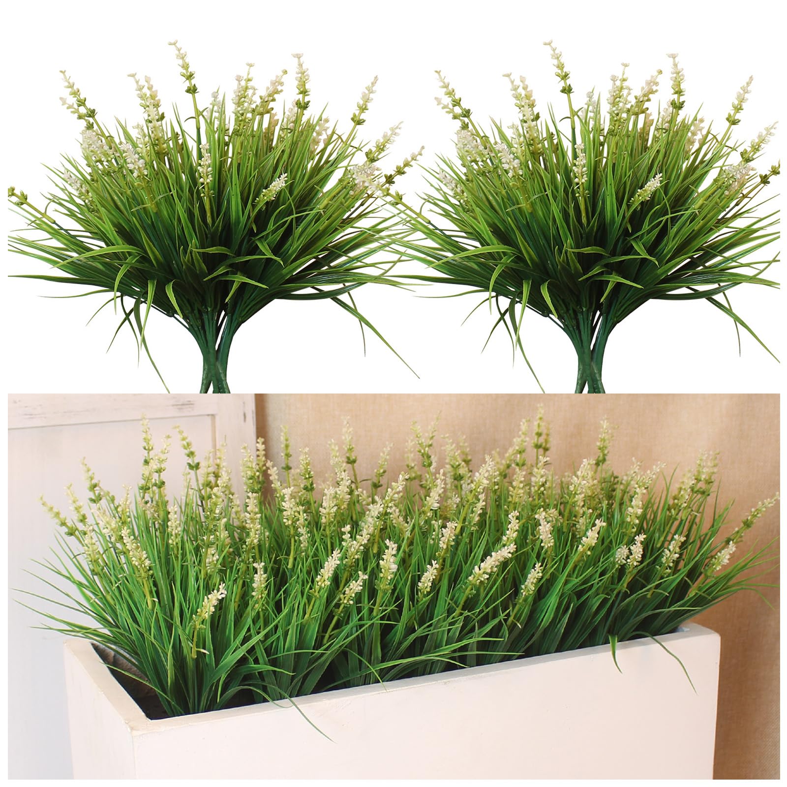 Alyptus white faux monkey grass bundles arranged in a planter for outdoor color.