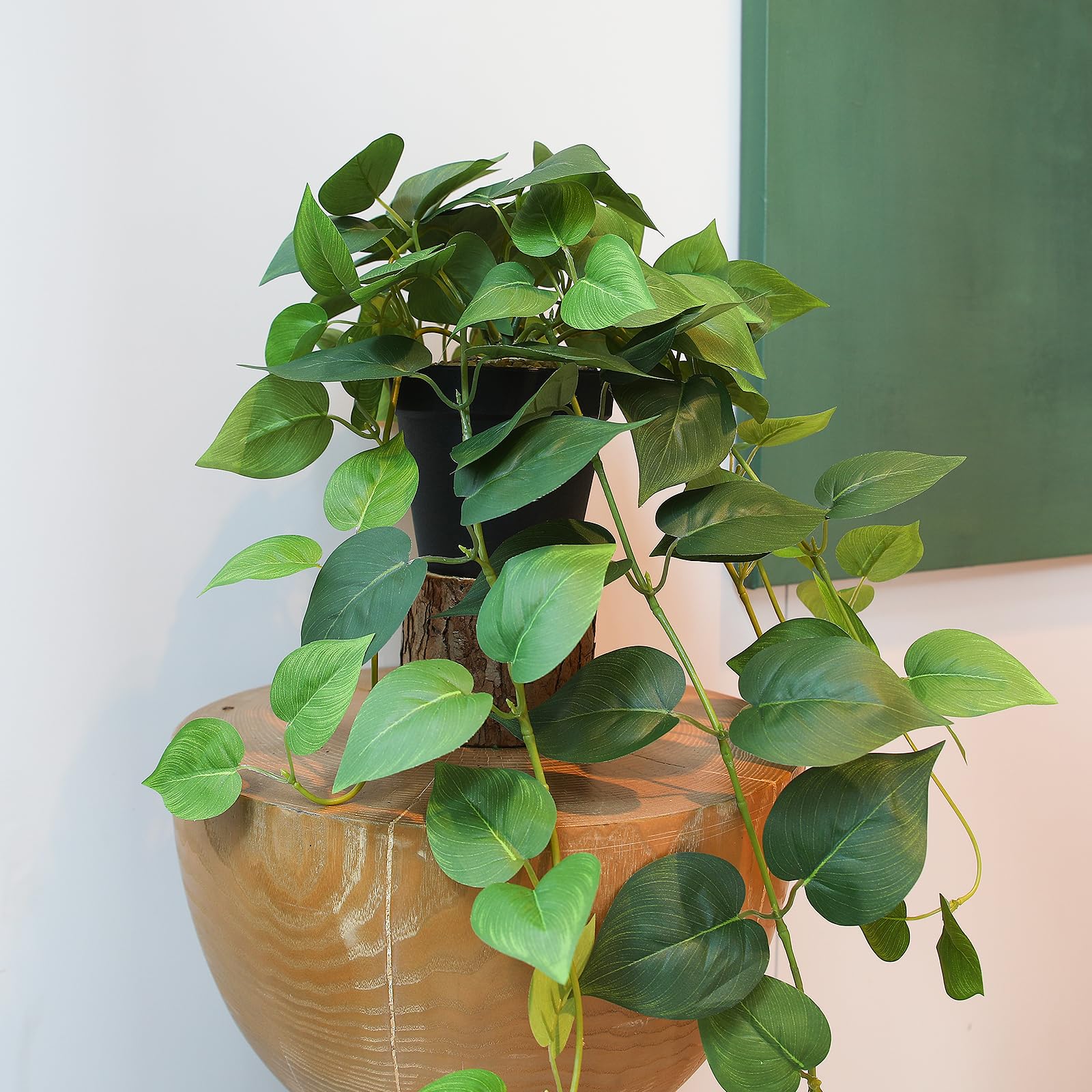 Realistic pothos accents stay green year-round with minimal care.