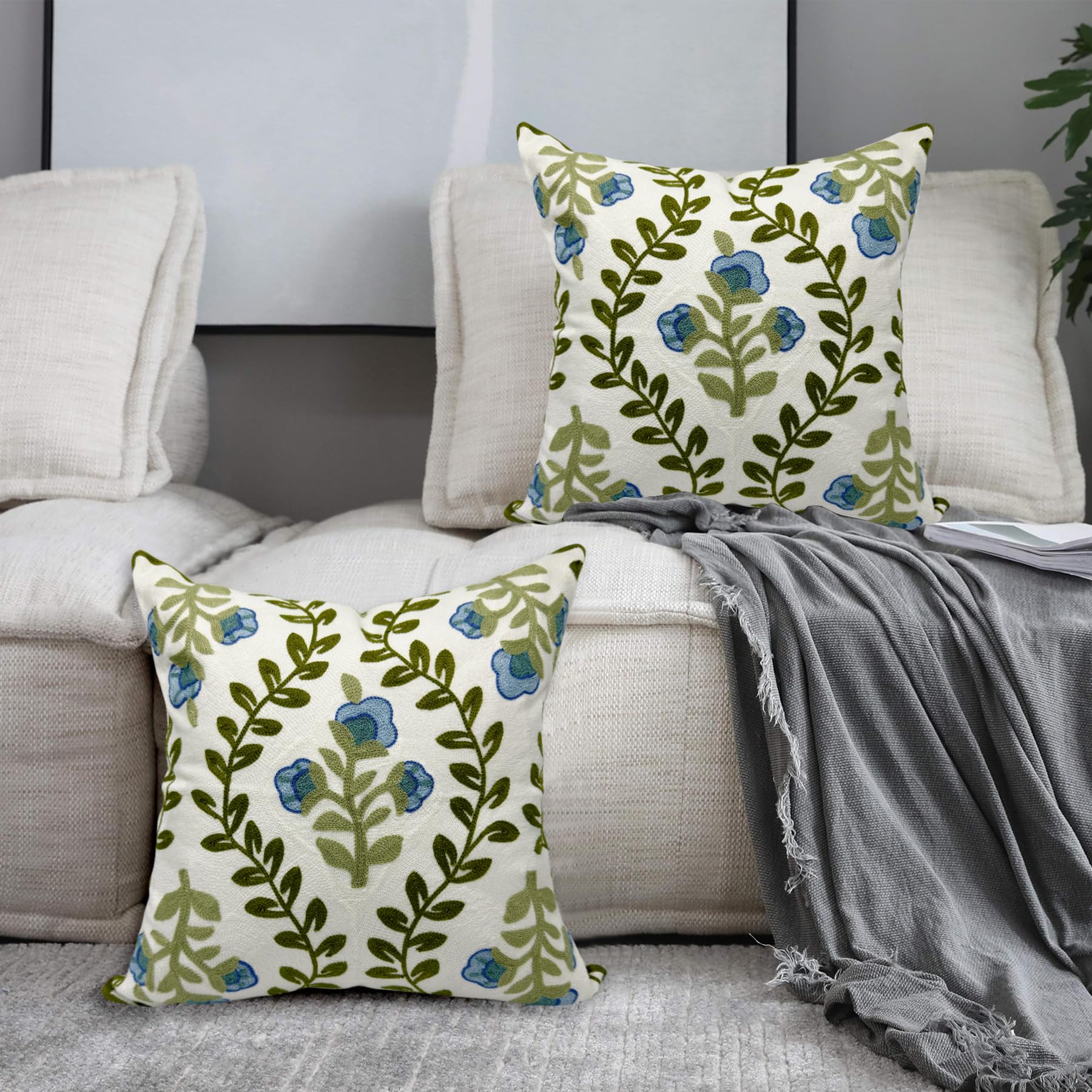 Alysheer green leaves knit pattern pillow cover styled in a cottage setting.