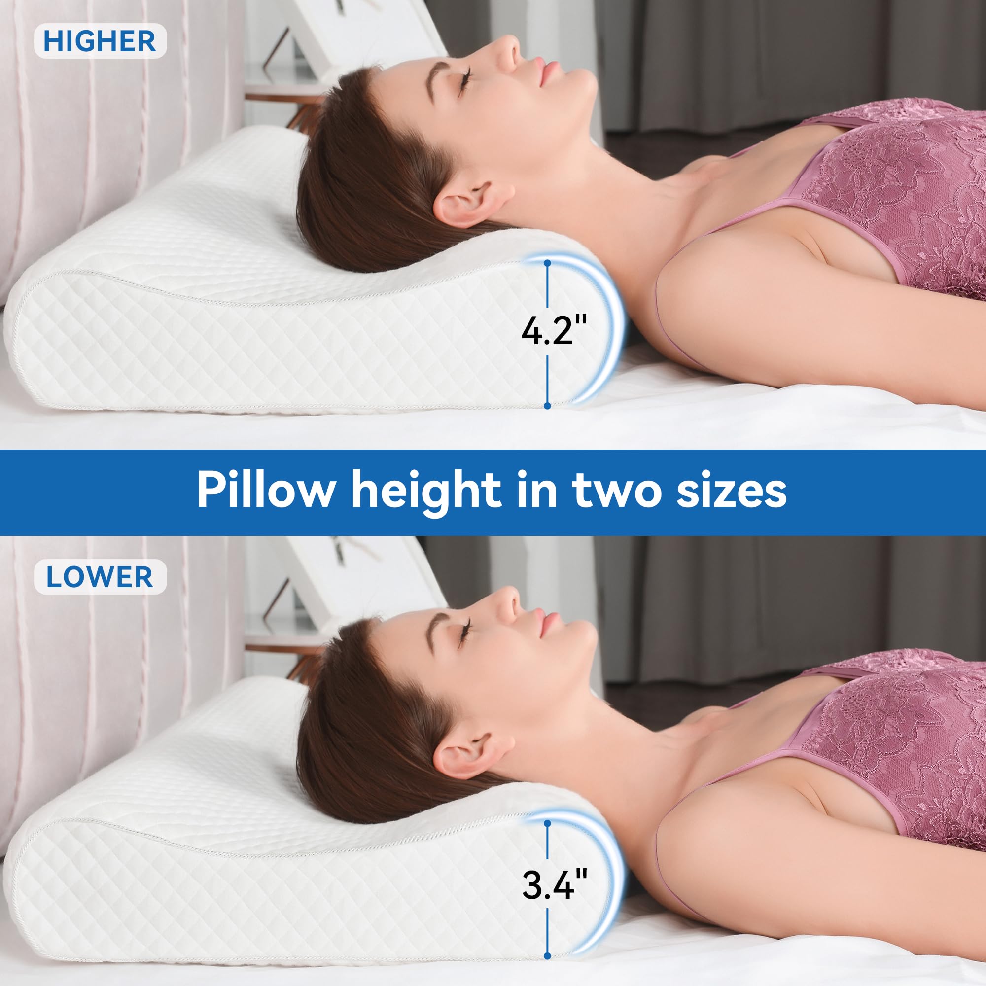 AM AEROMAX contour design shows two-height support for customizable neck alignment.