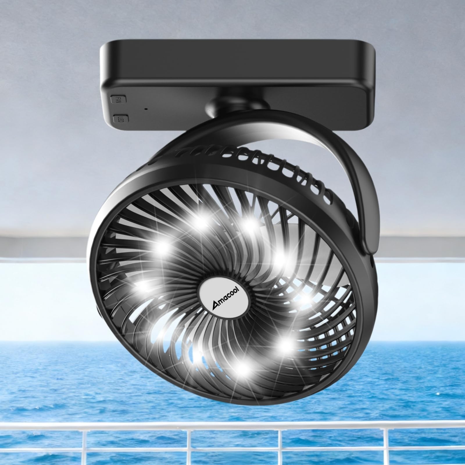 AMACOOL 10000mAh magnetic cruise fan mounted on cabin wall for hands-free cooling.