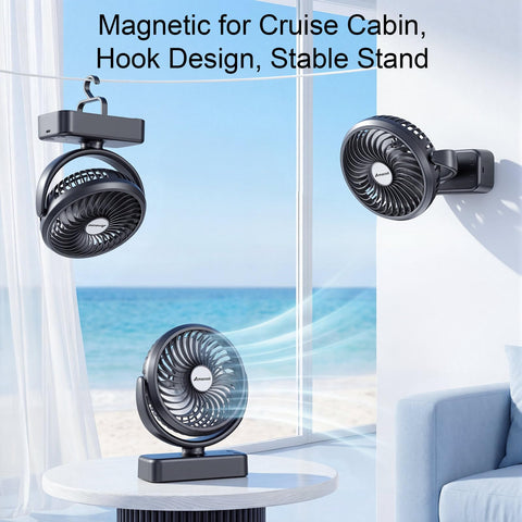 AMACOOL portable fan with three LED lights for illuminated tasks.