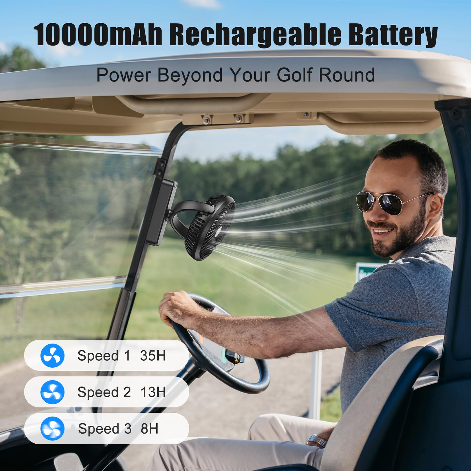 AMACOOL fan head rotated 360 degrees for flexible airflow.