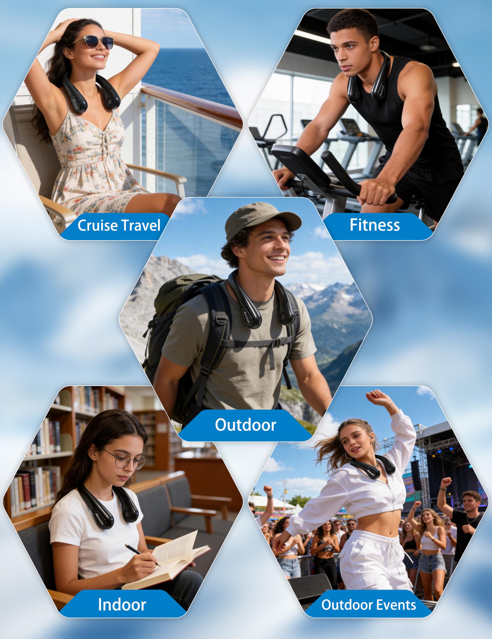 AMACOOL bladeless neck fan for home, office, and travel use.
