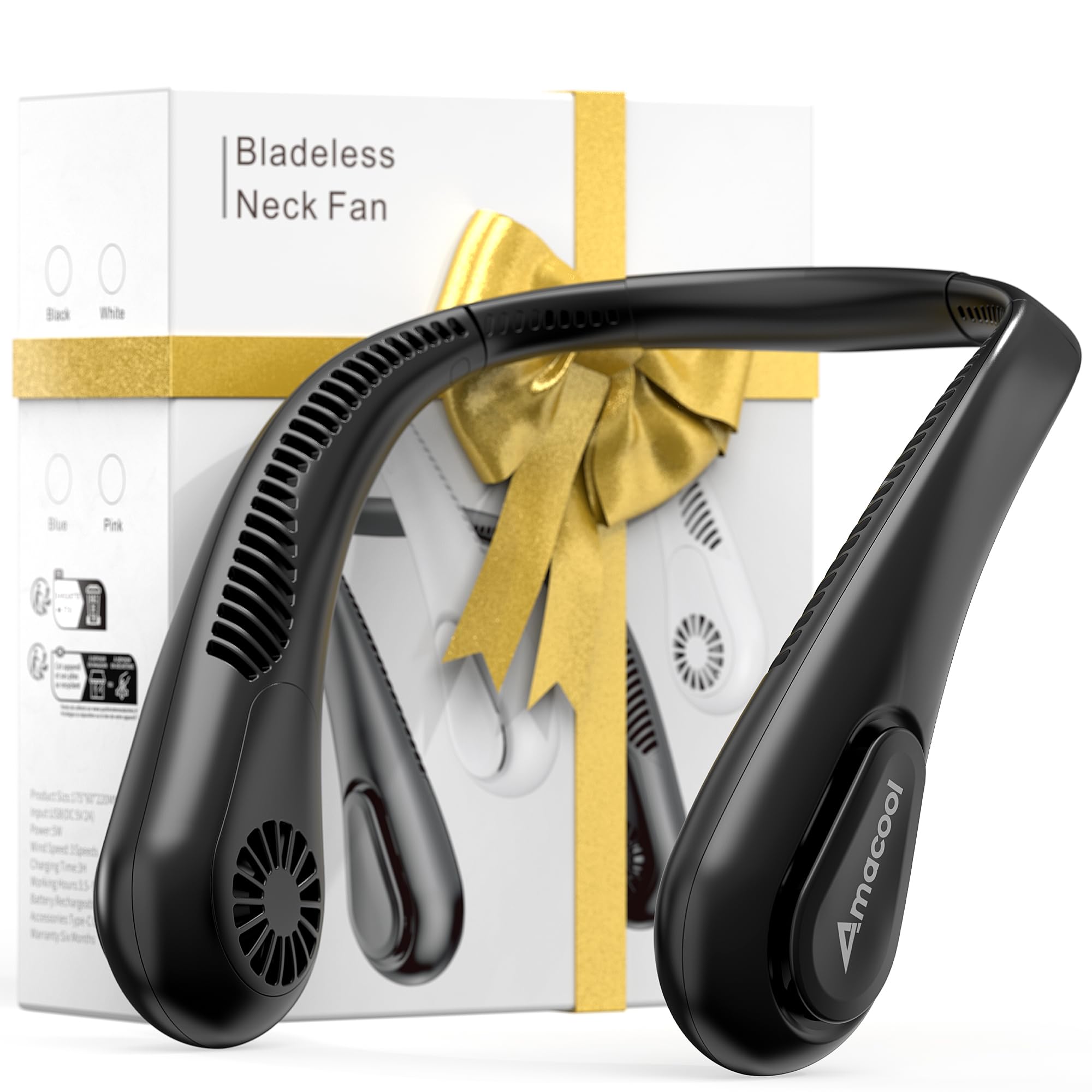 AMACOOL bladeless neck fan worn around the neck for safe, smooth airflow on the go.