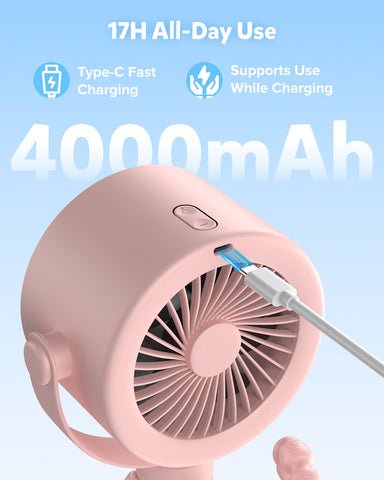 AMACOOL clip-on fan attached to a stroller for comfortable outdoor use.
