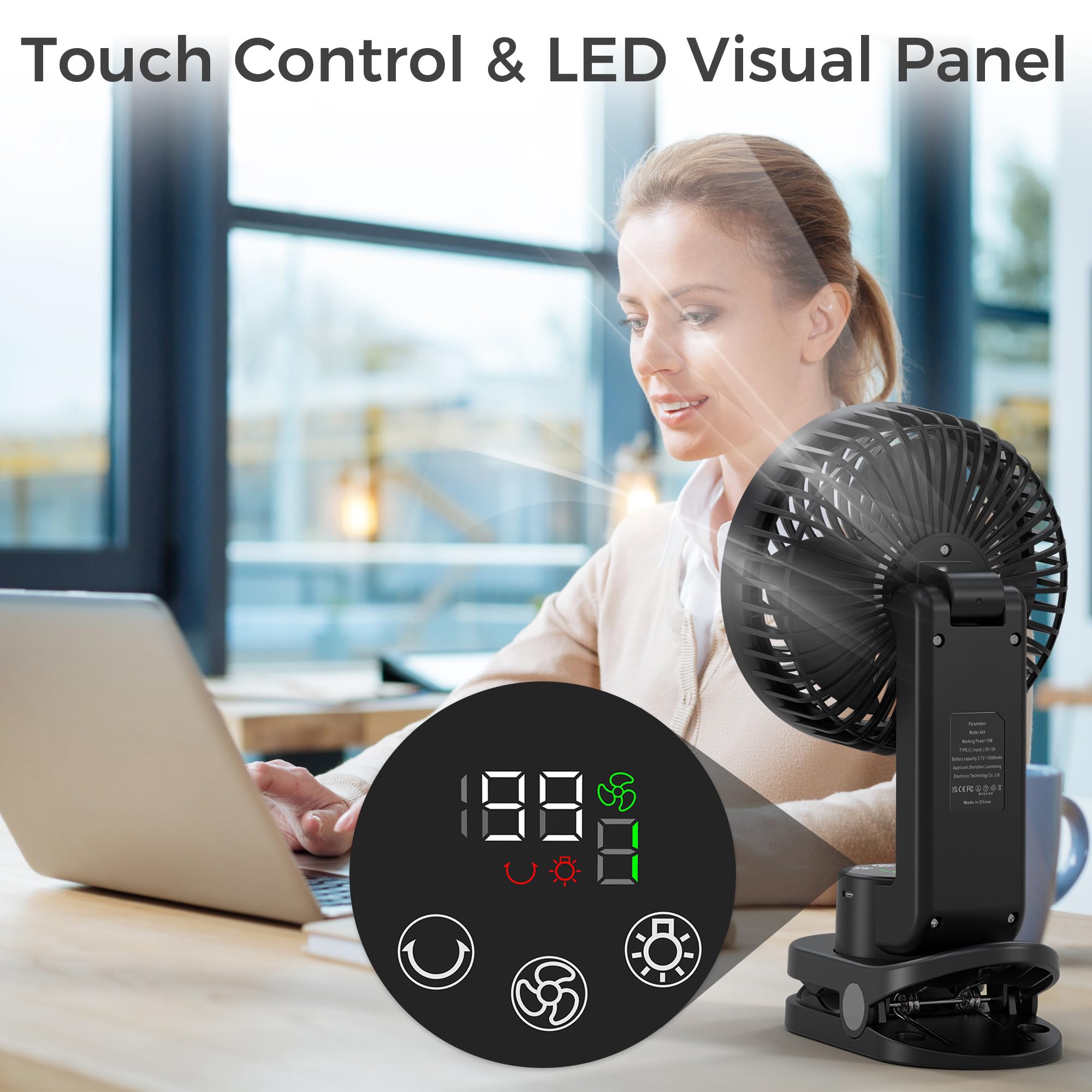 AMACOOL desk fan features a digital display for battery and speed status