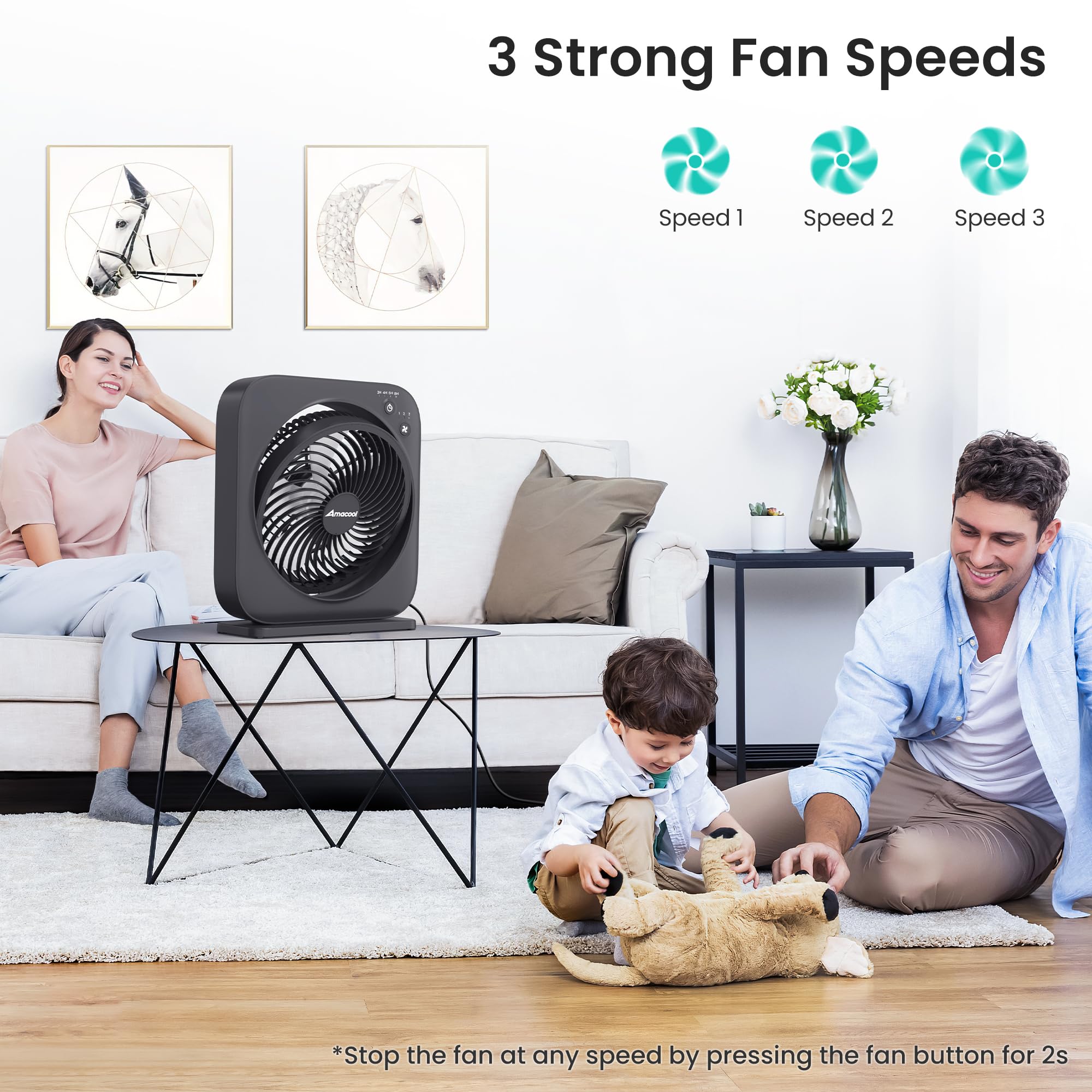 AMACOOL table fan angle adjustment with 270 pivot for versatile airflow.