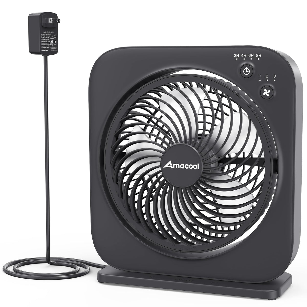 AMACOOL table fan front view, compact cooling for desks and nightstands.