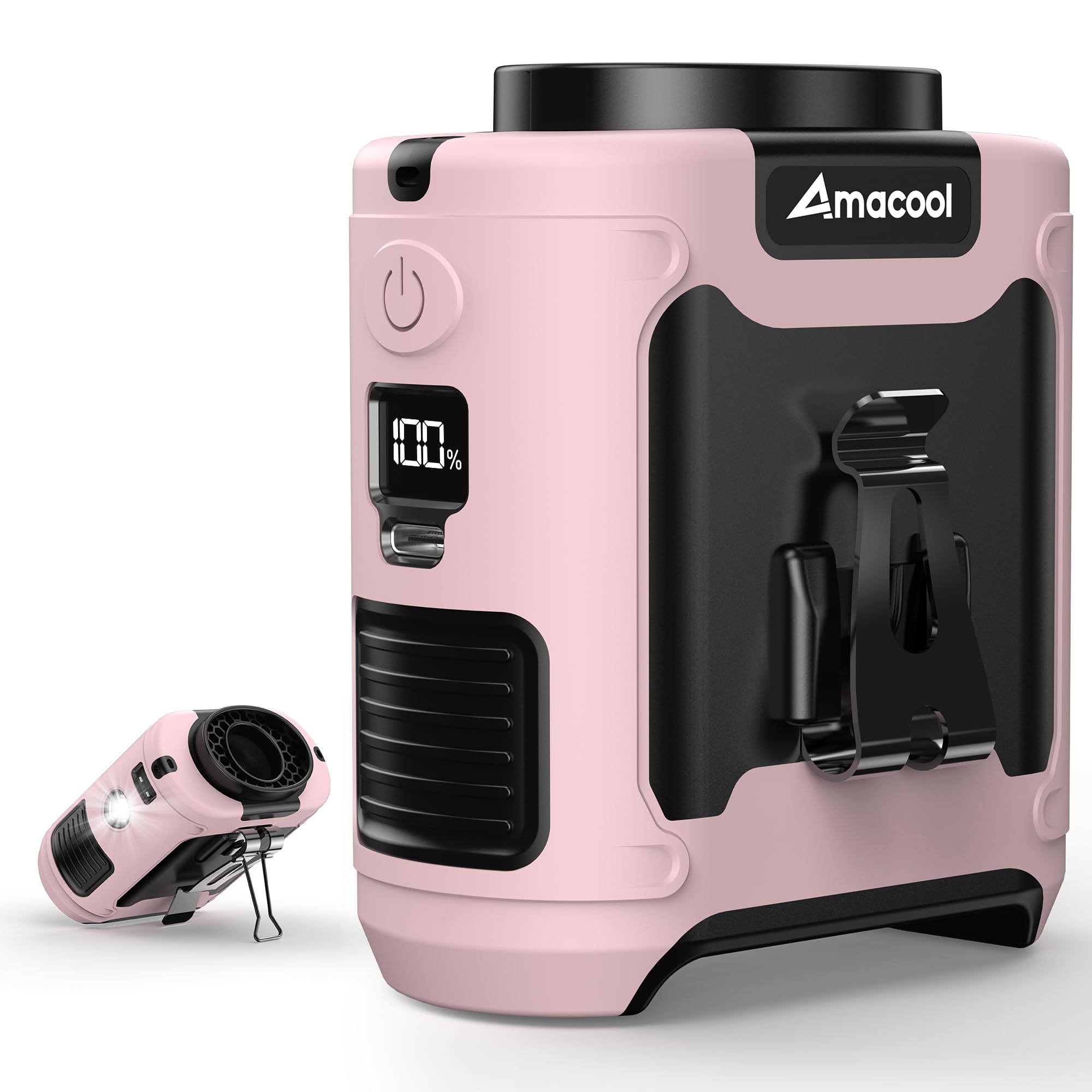 AMACOOL waist clip-on fan attached to belt for cooling on the go.