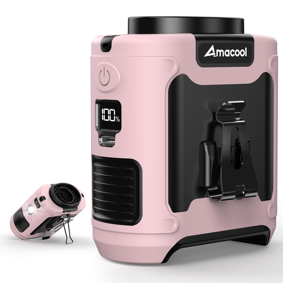 AMACOOL waist clip-on fan attached to belt for cooling on the go.