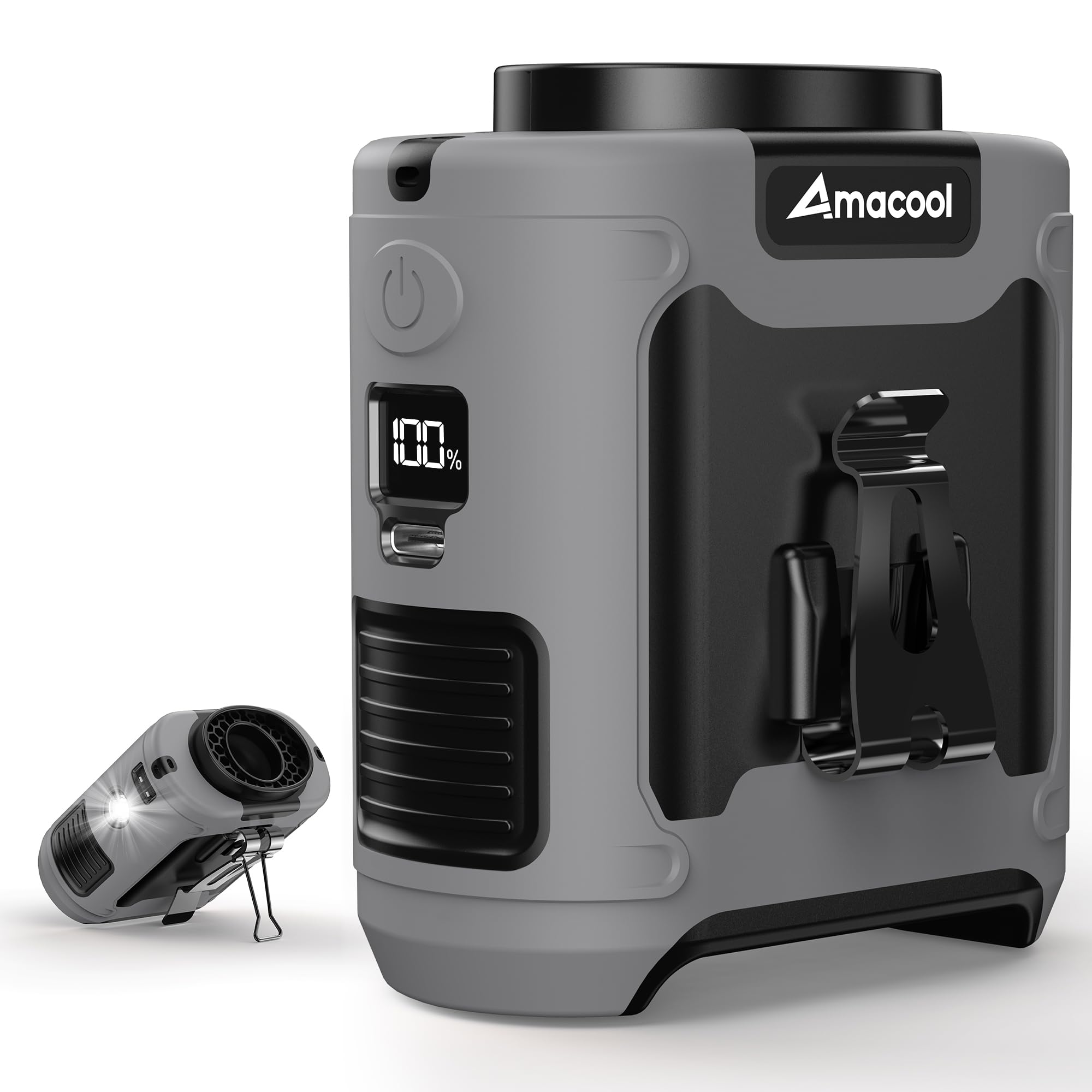 AMACOOL waist clip-on fan on belt for hands-free cooling during outdoor work.