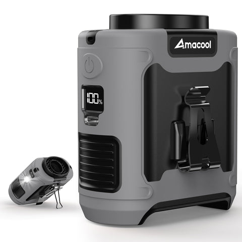 AMACOOL waist clip-on fan on belt for hands-free cooling during outdoor work.