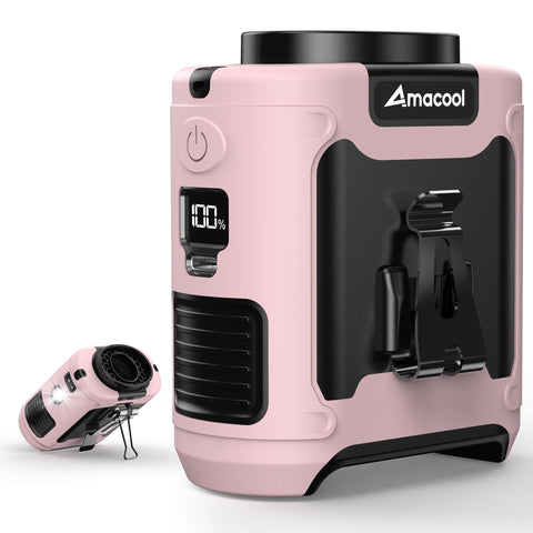 AMACOOL waist clip-on fan attached to belt for cooling on the go.