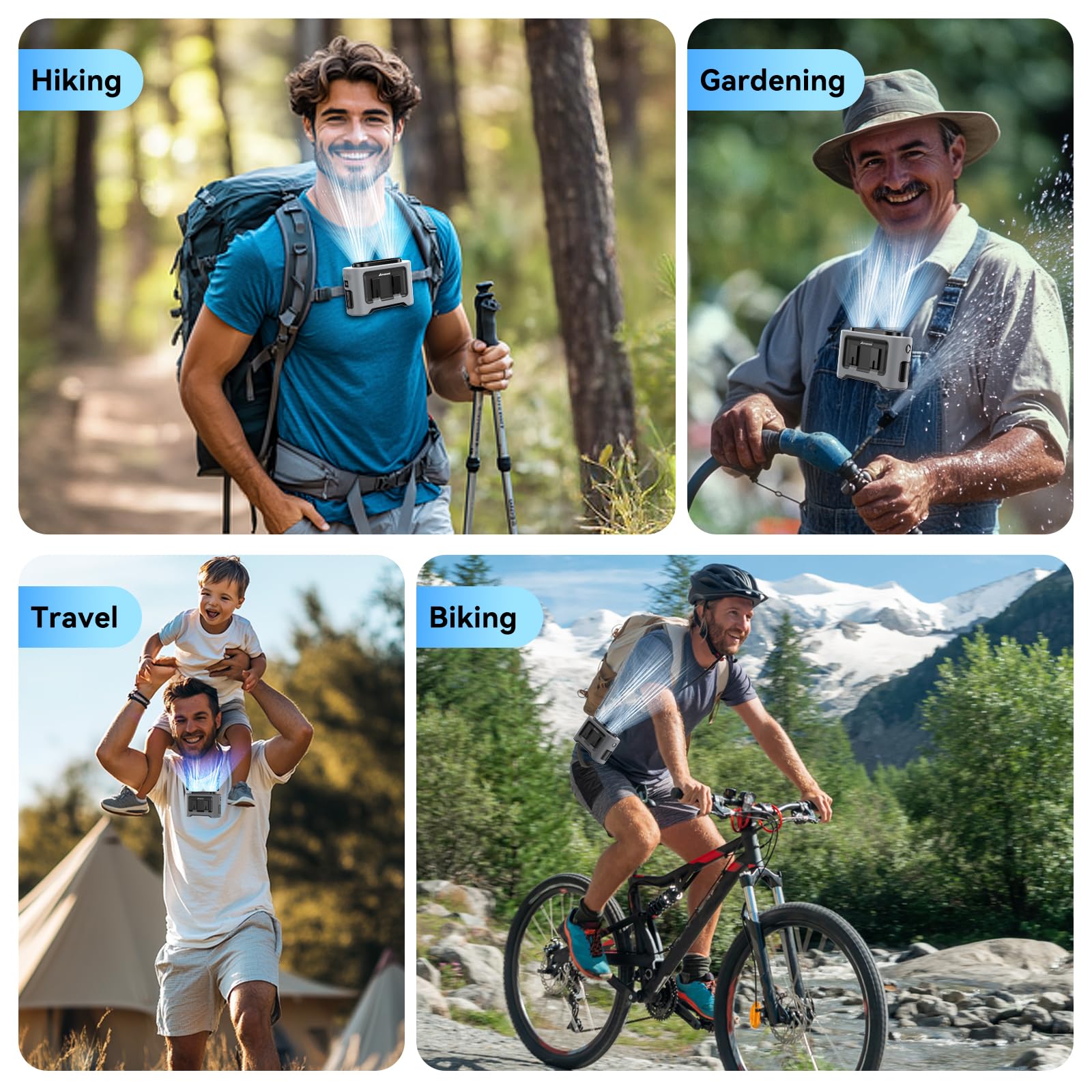 AMACOOL wearable fan versatility for waist, neck, and desk use