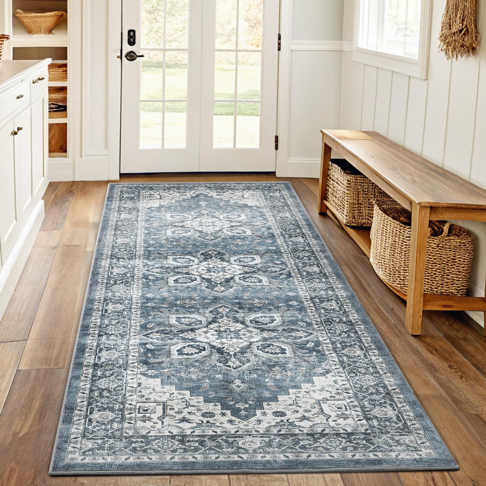 AMADA HOMEFURNISHING 2x6 washable runner rug top view, compact entryway design.