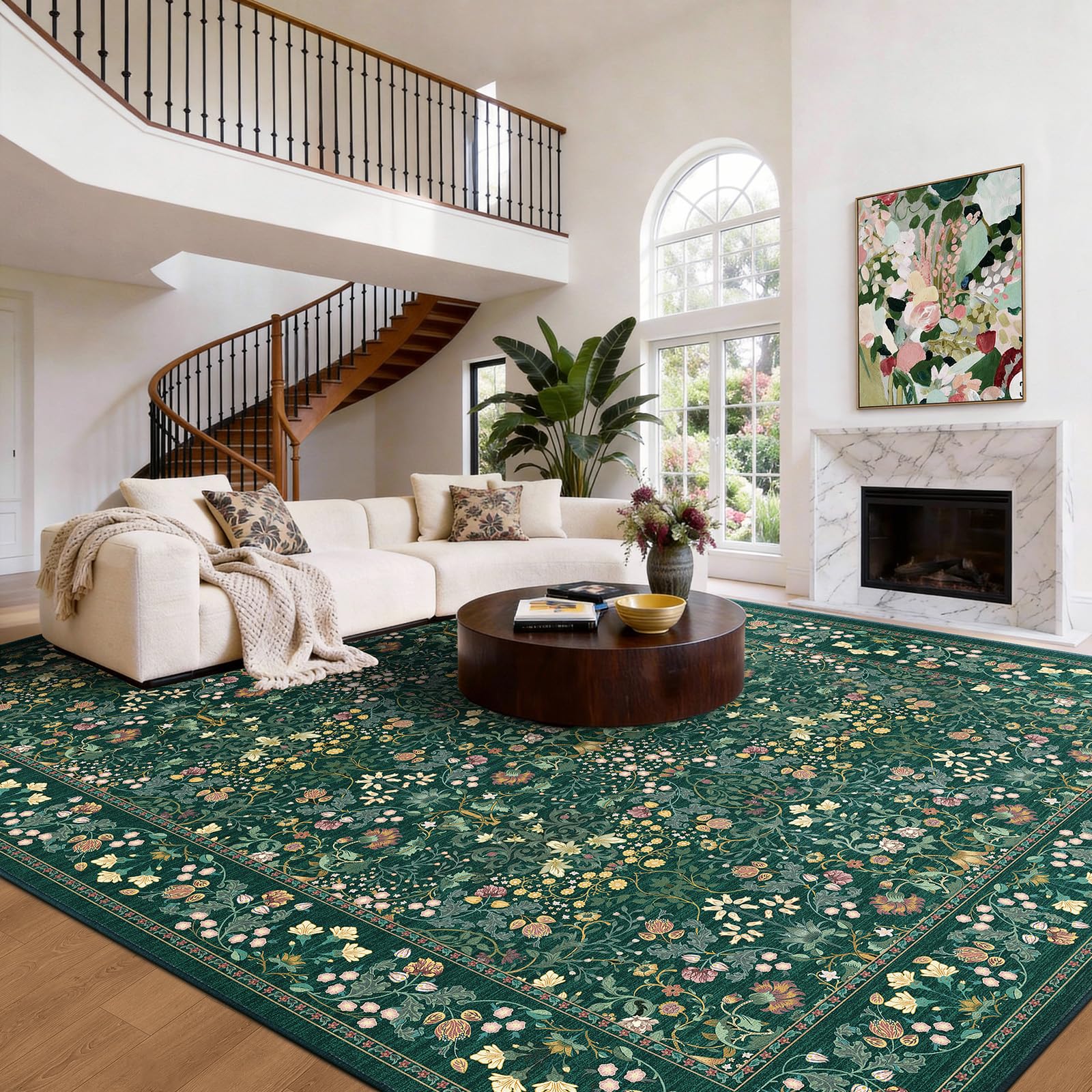 AMADA HOMEFURNISHING 8x10 floral rug living room scene with soft greens brightening spaces