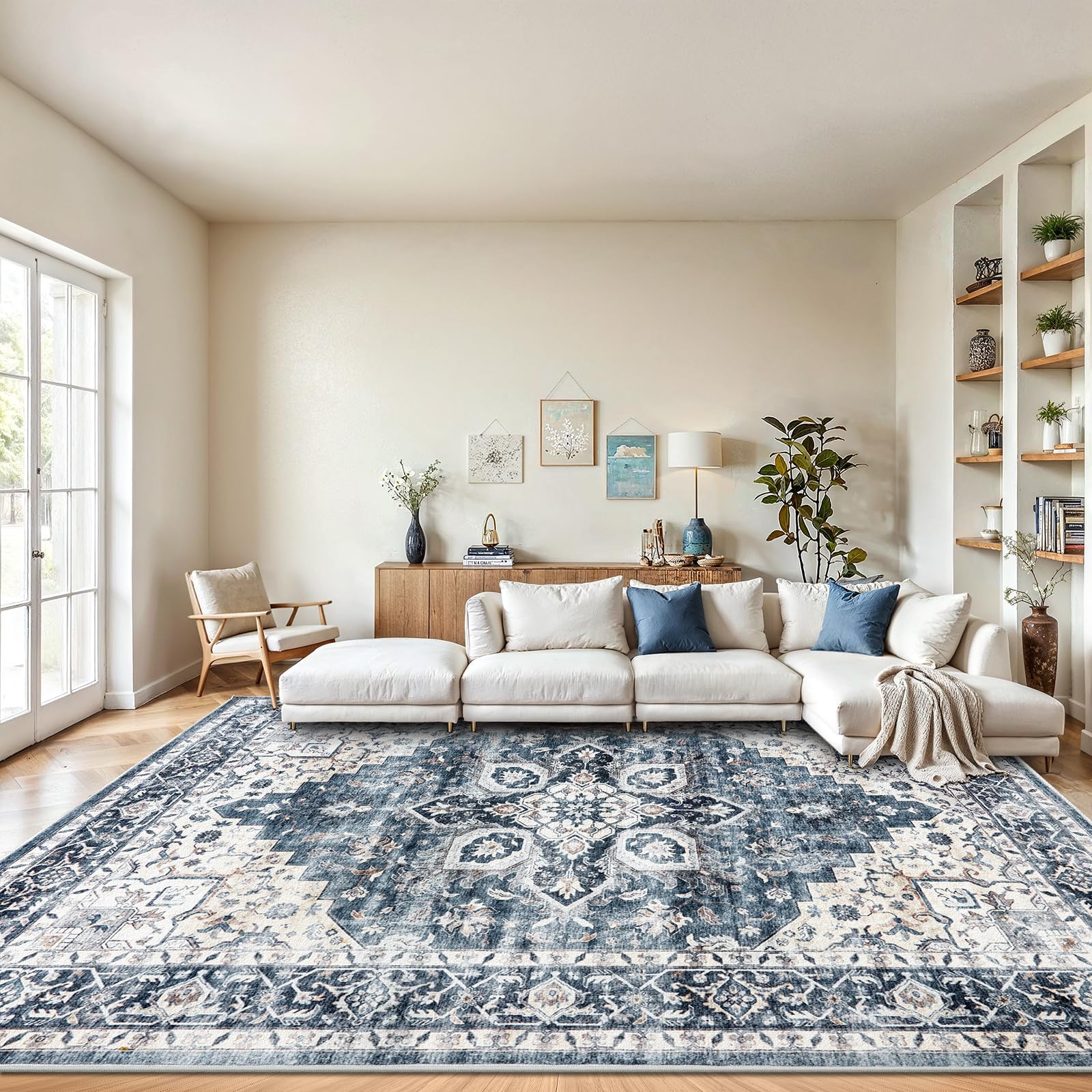 AMADA HOMEFURNISHING 8x10 blue rug with non-slip backing for stable placement.