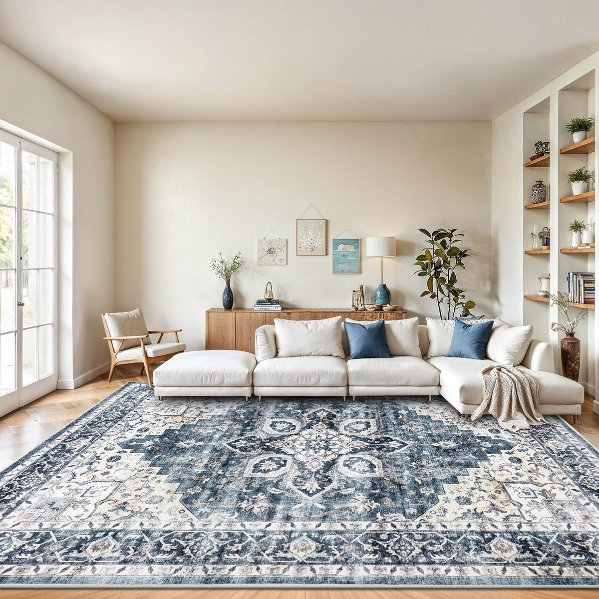 AMADA HOMEFURNISHING 8x10 blue rug with non-slip backing for stable placement.