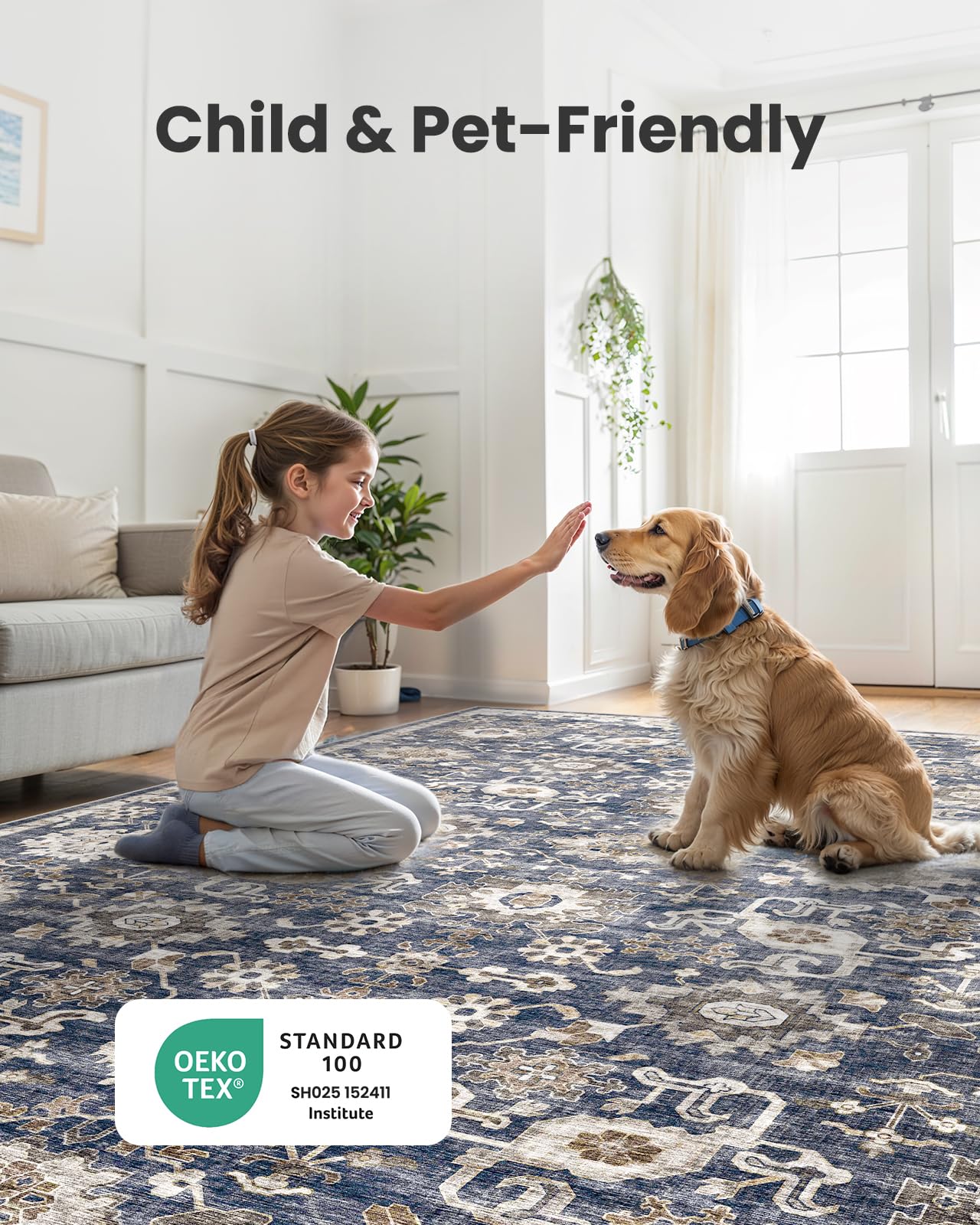 AMADA HOMEFURNISHING 8x10 rug showcases durable edge binding and abrasion-resistant polyester.