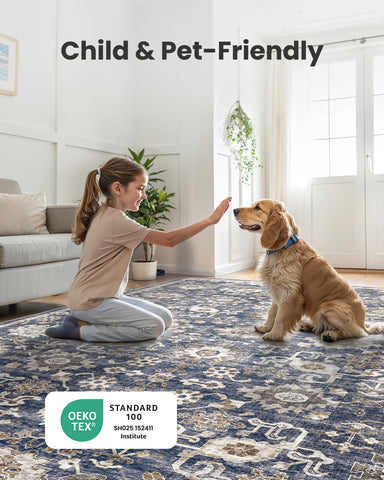 AMADA HOMEFURNISHING 8x10 rug showcases durable edge binding and abrasion-resistant polyester.