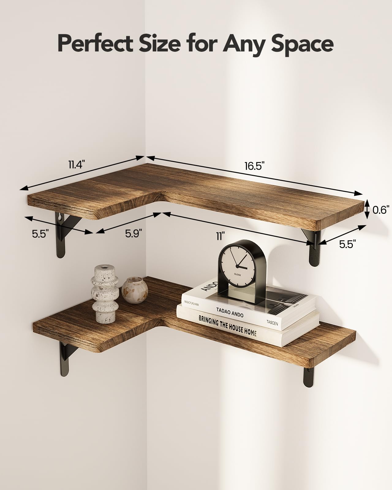 AMADA HOMEFURNISHING corner wall shelves with natural wood grain add stylish storage.