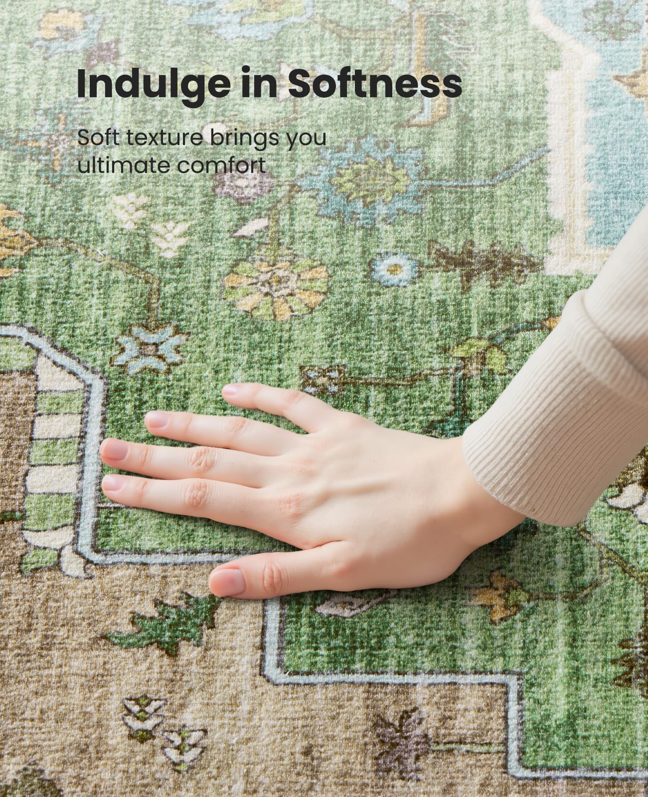 AMADA HOMEFURNISHING Easy-care green rug helps maintain a fresh look in busy homes.