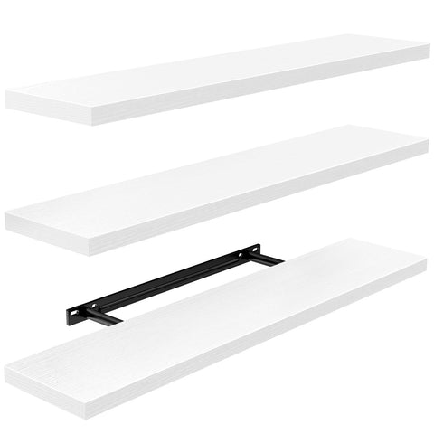 AMADA HOMEFURNISHING floating shelves assembly showing hidden brackets for a clean wall look.