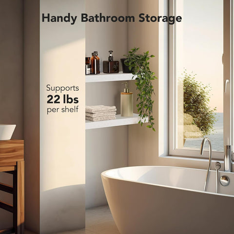AMADA shelves in bathroom hold toiletries without clutter.