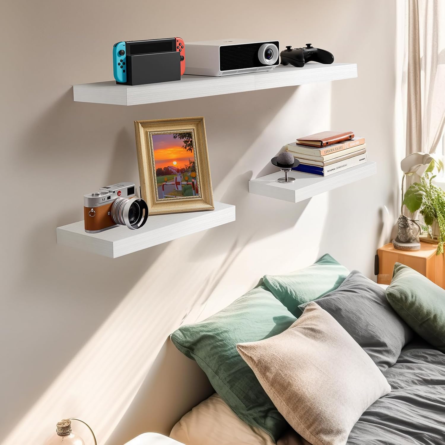 AMADA floating shelves with hidden brackets showcase decor while saving space.
