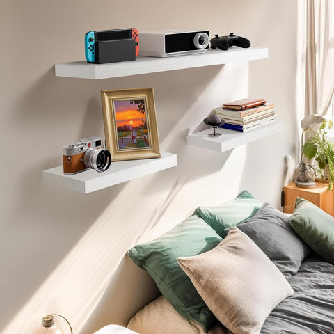 AMADA floating shelves with hidden brackets showcase decor while saving space.