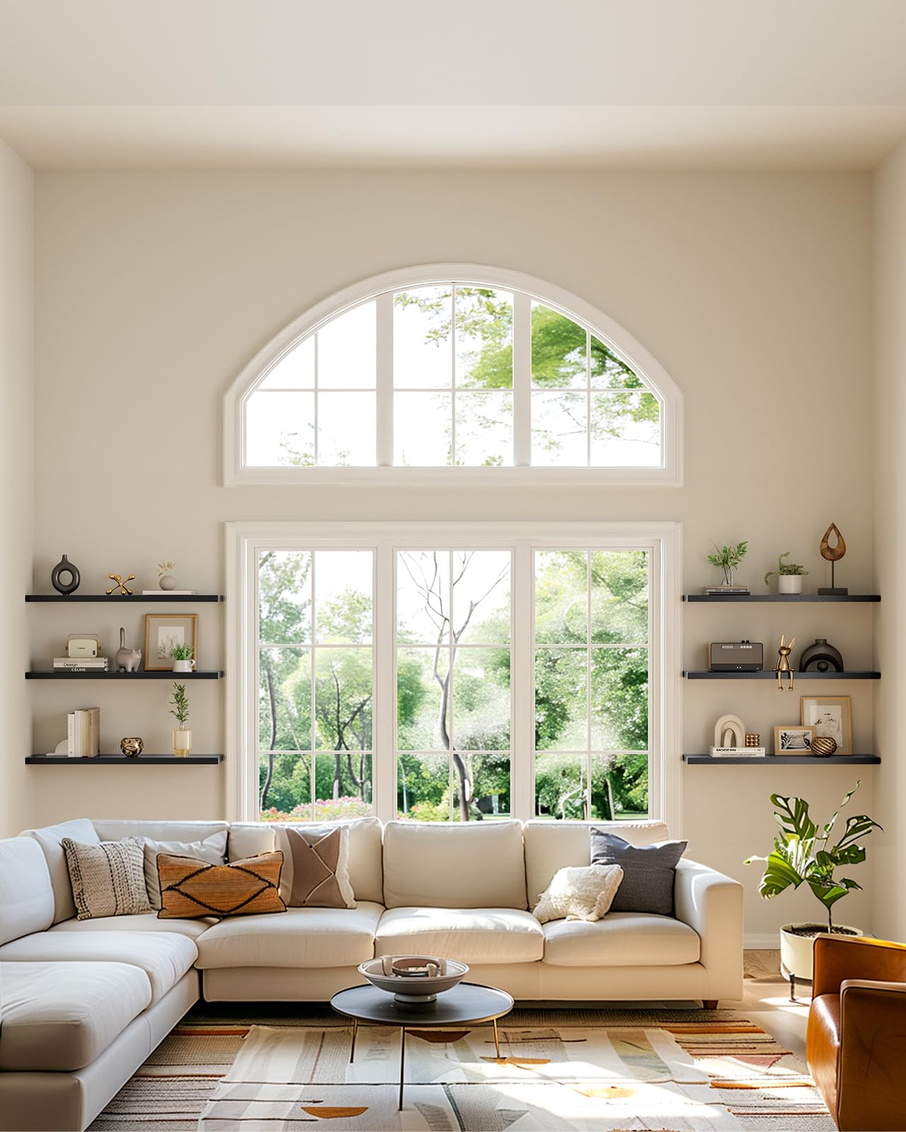 AMADA HomeFurnishing living room setup featuring three-pack wall shelves.