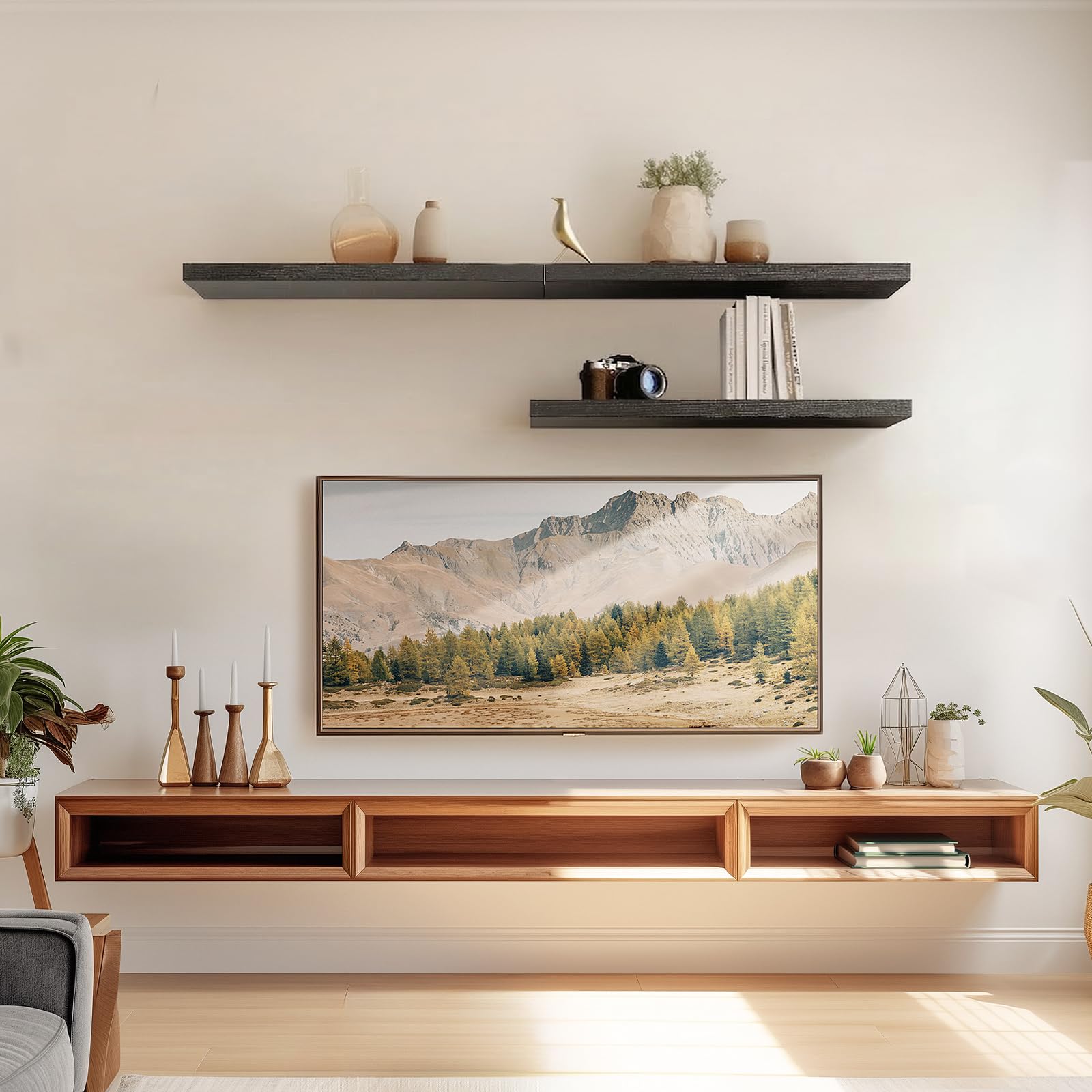 AMADA HOMEFURNISHING matte black finish shelves showcase a sleek, space-saving storage option