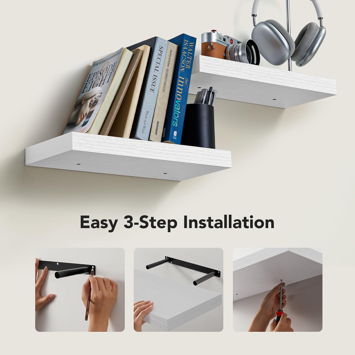 AMADA white shelves with matte finish enhance any room's style.